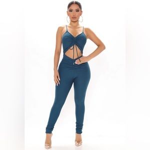 Fashion Nova “Ready and Ruched” Blue Cutout Cinch Jumpsuit Romper Size XS